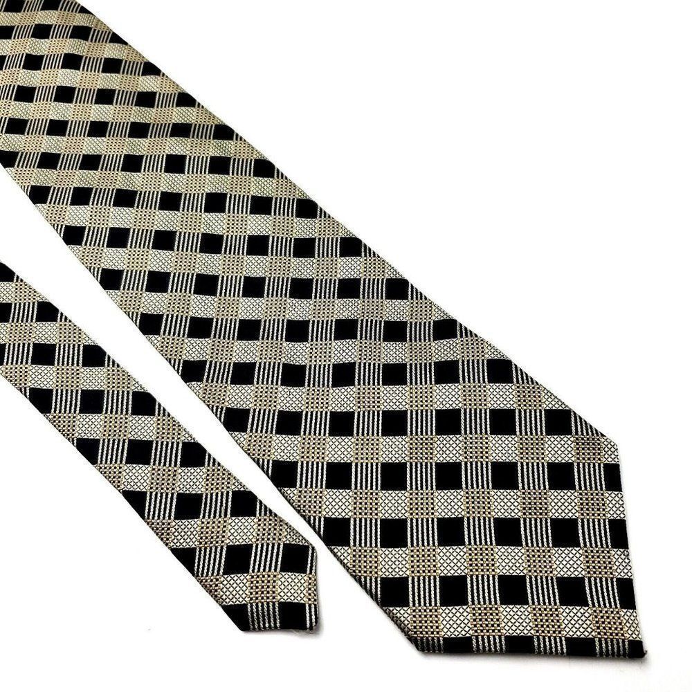 Roberto Villini Silk Tie Woven Black Gold‎ Plaid Wide